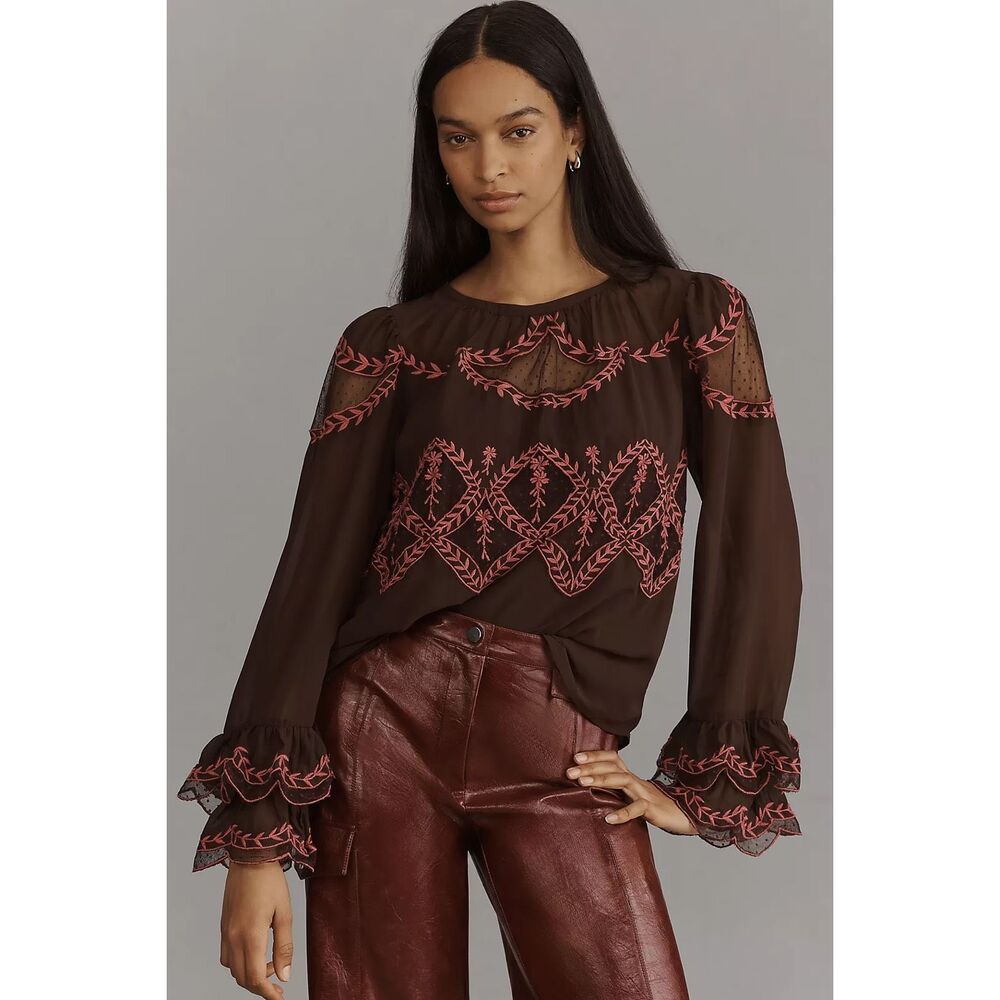 🔥NOT FORSALE 🔥ANTHROPOLOGIE  Long-Sleeve Appliqué Blouse